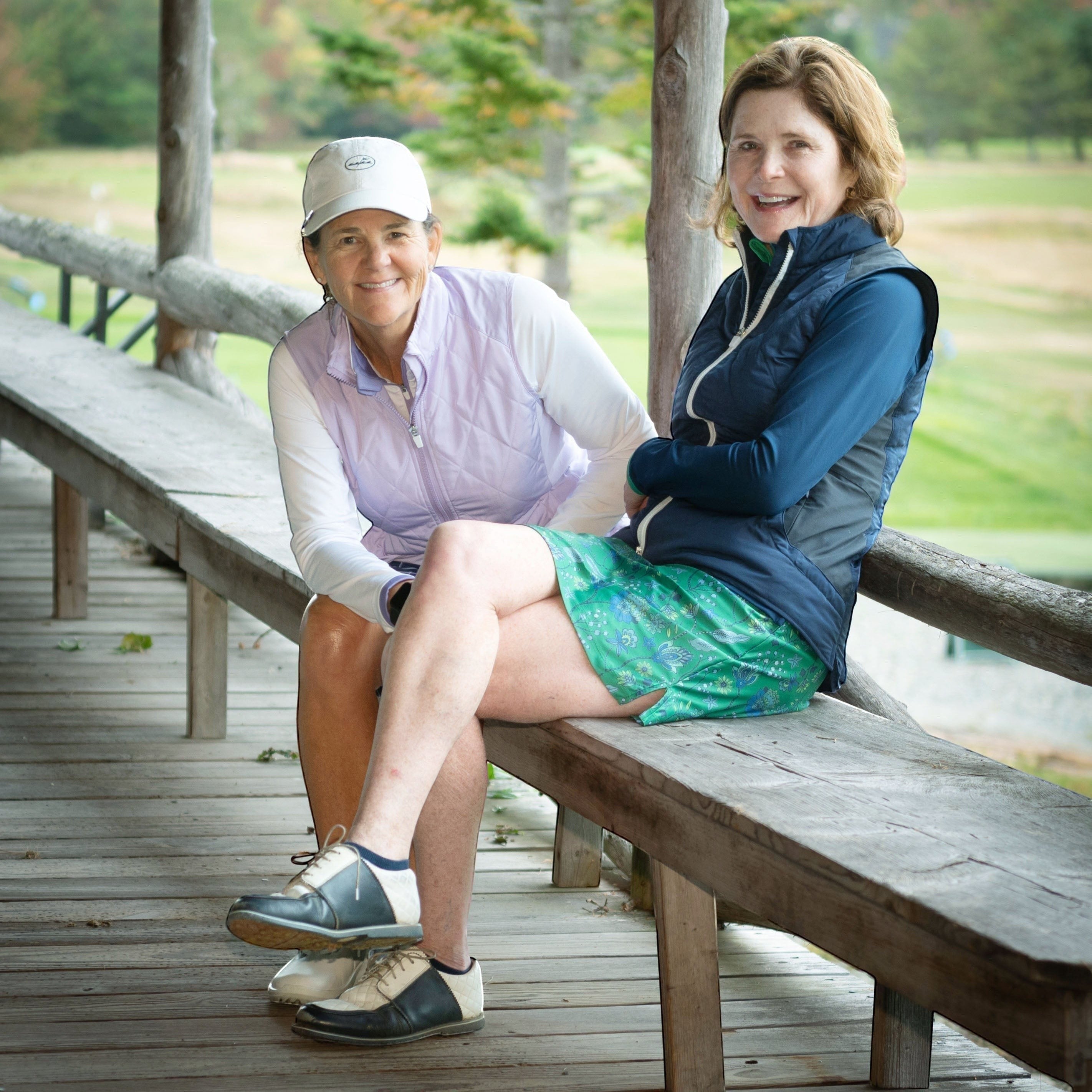 Elliott & Rose Fiori Skort in green with blue floral pattern, perfect for golf.