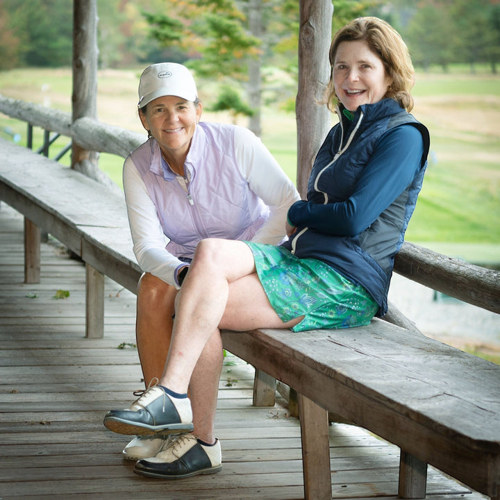 Elliott & Rose Fiori Skort in green with blue floral pattern, perfect for golf.