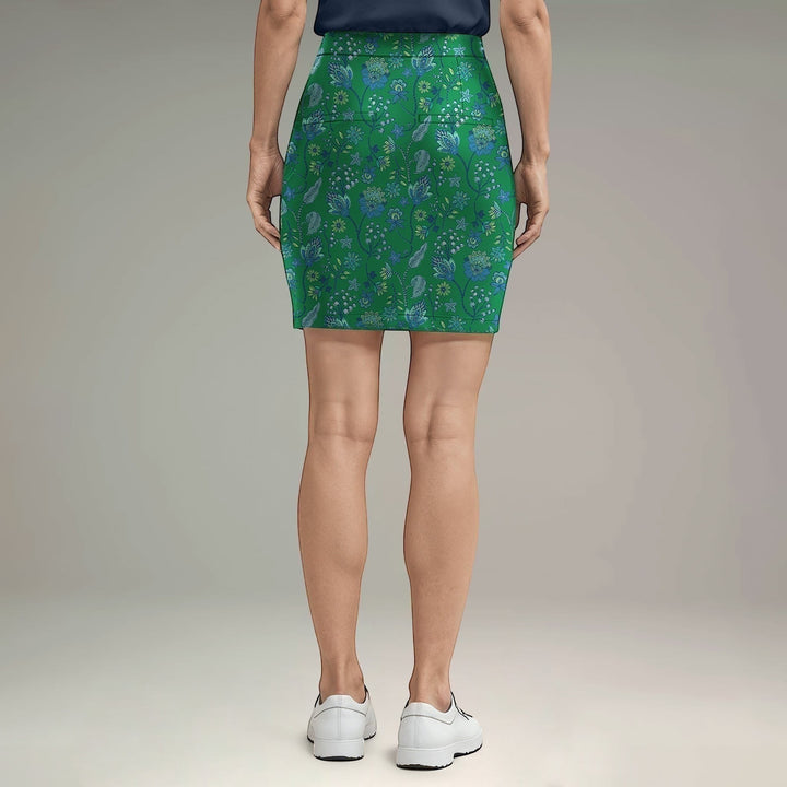 Elliott & Rose Fiori Skort in green with blue floral pattern. Comfortable golf skort with flattering fit.