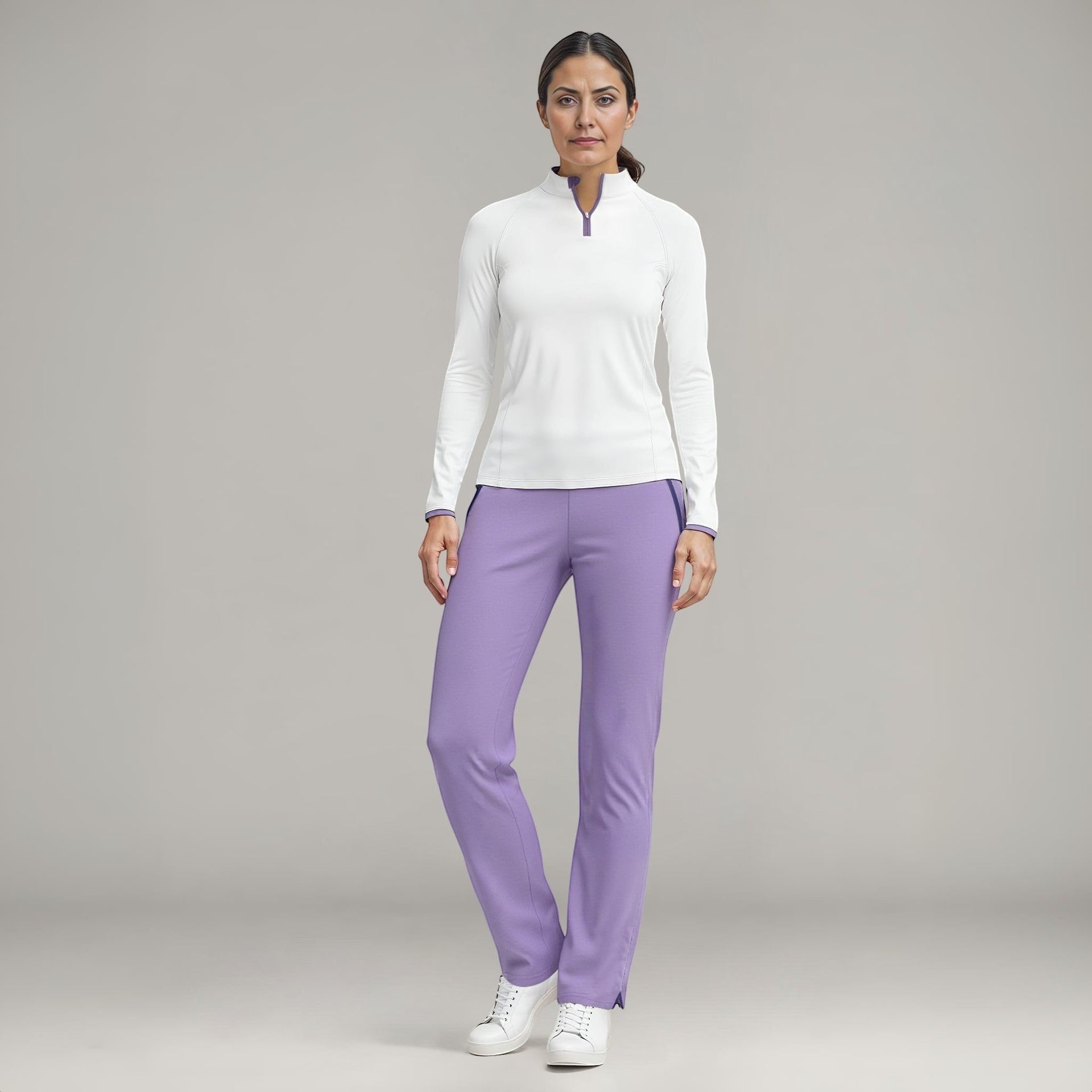 Elliott & Rose lilac performance golf pants with stretch fabric and a tailored fit.