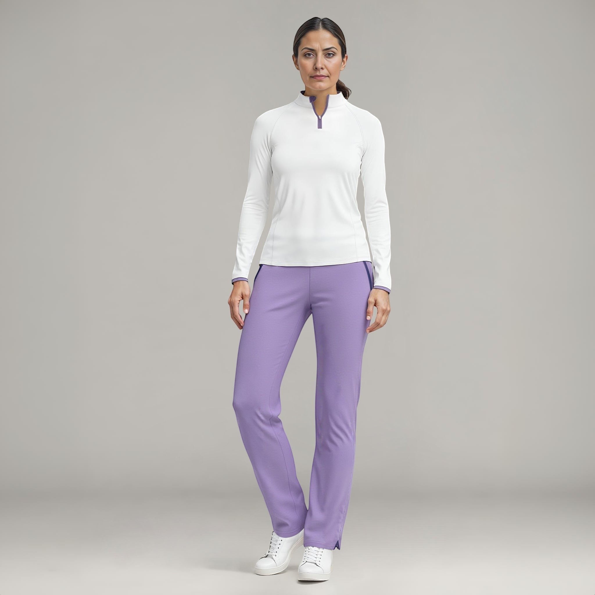 Elliott & Rose lilac performance golf pants with stretch fabric and a tailored fit.