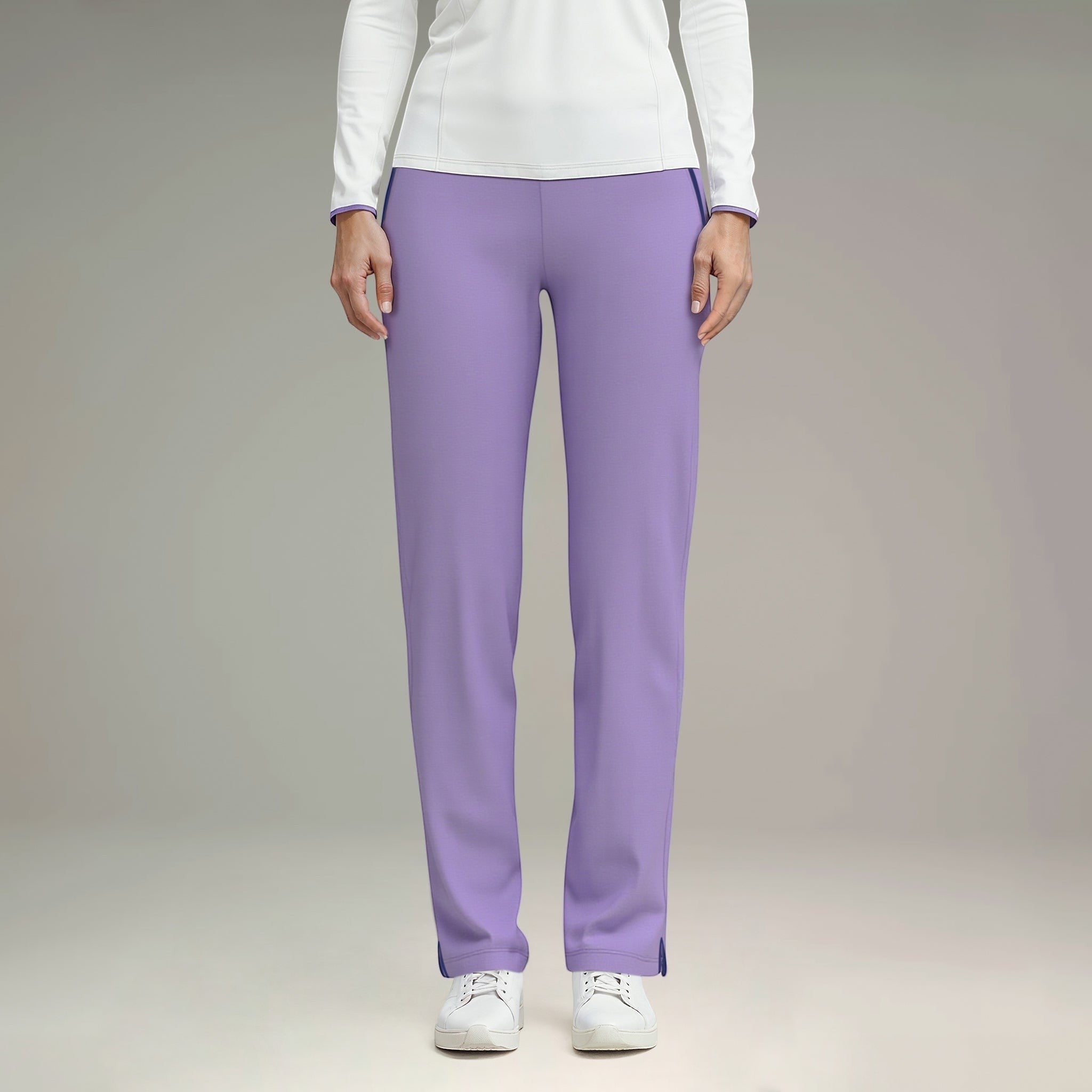 Elliott & Rose lilac performance golf pants with stretch fabric and a tailored fit.