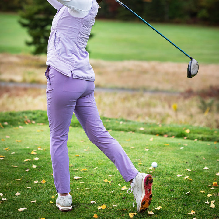 Elliott & Rose lilac performance golf pants with stretch fabric and tailored fit.