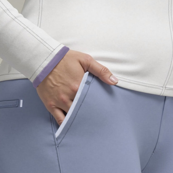 Elliott & Rose cornflower blue performance golf pants with stretch-fit fabric and a tailored look.