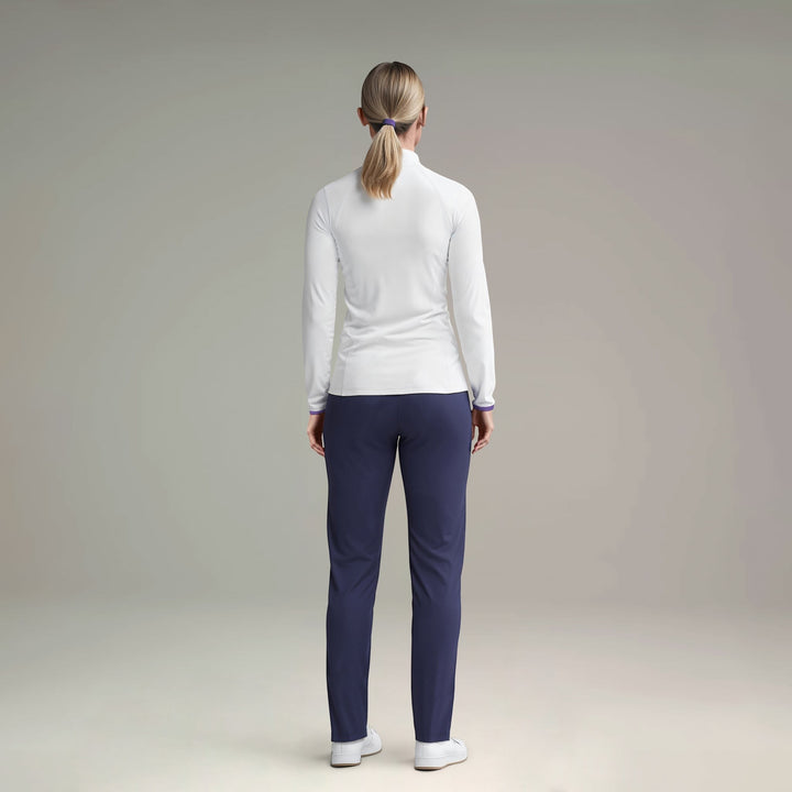 Elliott & Rose navy four-way stretch golf pants with sleek fit and subtle piping detail.