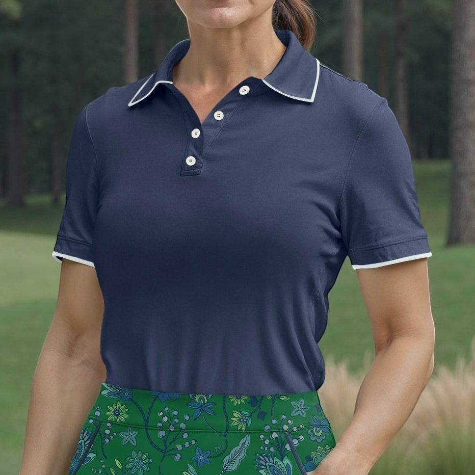 Elliott & Rose navy blue performance golf polo shirt with white trim and collar, moisture-wicking fabric.