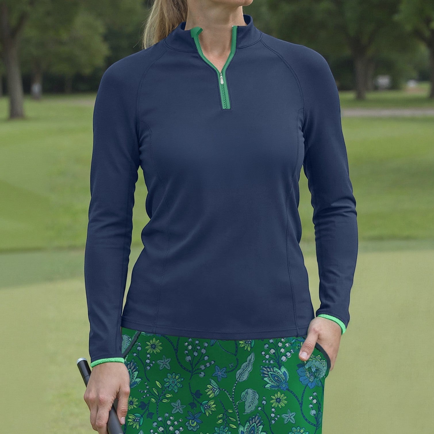 Elliott & Rose navy performance quarter zip pullover with green trim, long sleeves, and breathable fabric for golf.