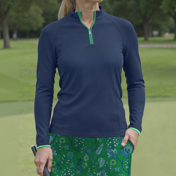 Elliott & Rose navy performance quarter zip pullover with green trim, long sleeves, and breathable fabric for golf.