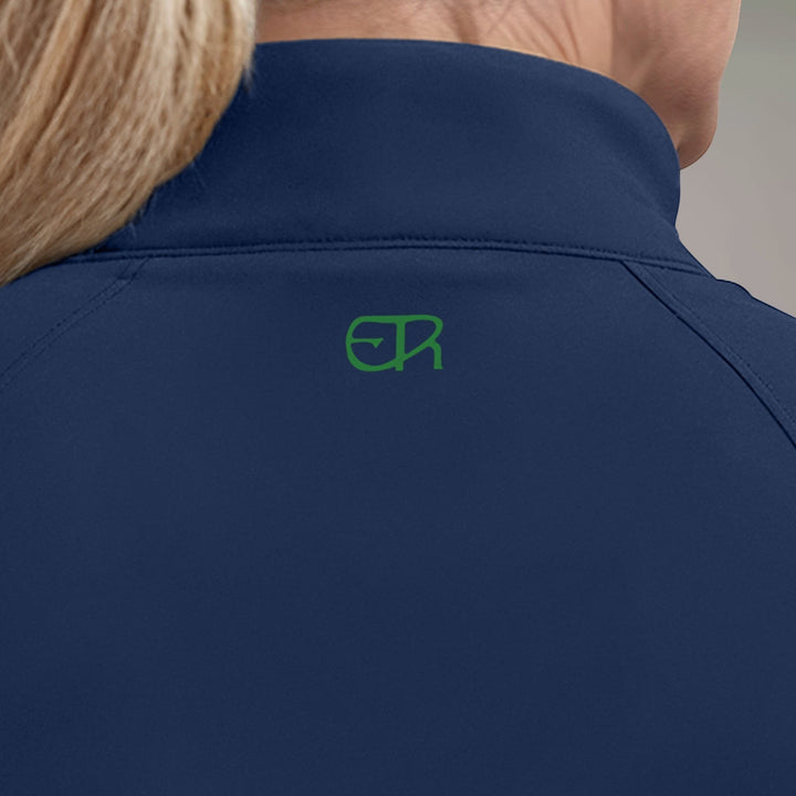 Elliott & Rose navy performance quarter zip pullover with green ER logo on back. Breathable fabric for golf.