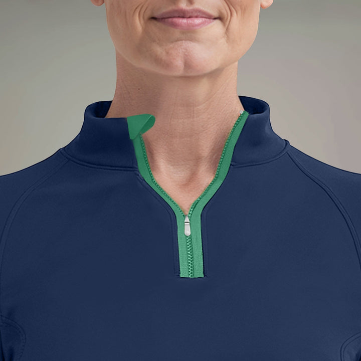 Elliott & Rose navy performance quarter zip pullover with green zipper and collar accent. Lightweight, breathable fabric for golf.