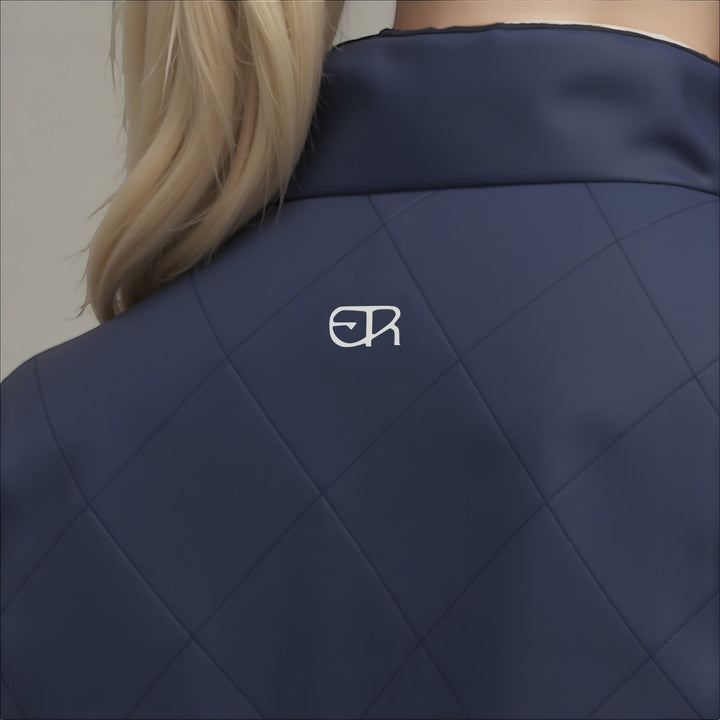 Elliott & Rose navy quilted golf vest with diamond pattern and embroidered logo.