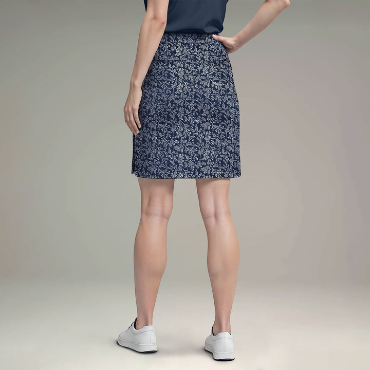 Elliott & Rose navy skort with white vine print, lightweight and comfortable for golf.