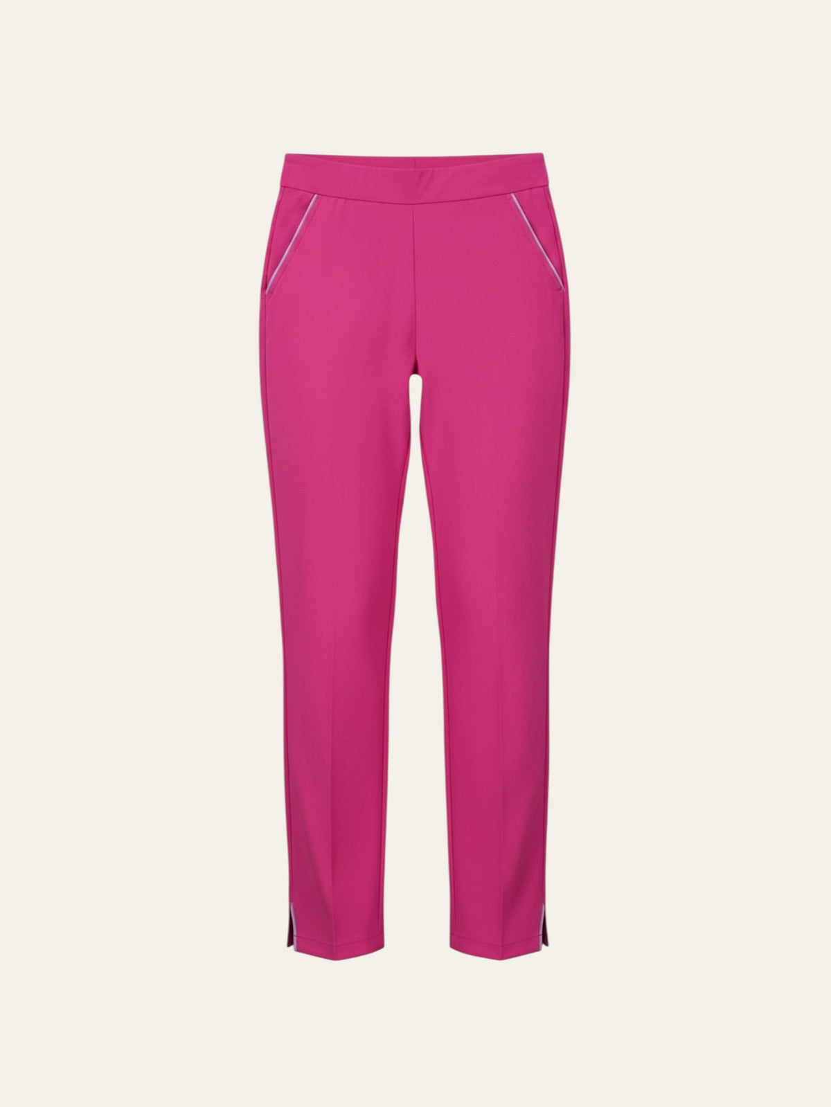 Elliott & Rose fuchsia performance golf pants with lilac piping and stretch fabric for comfort on the course