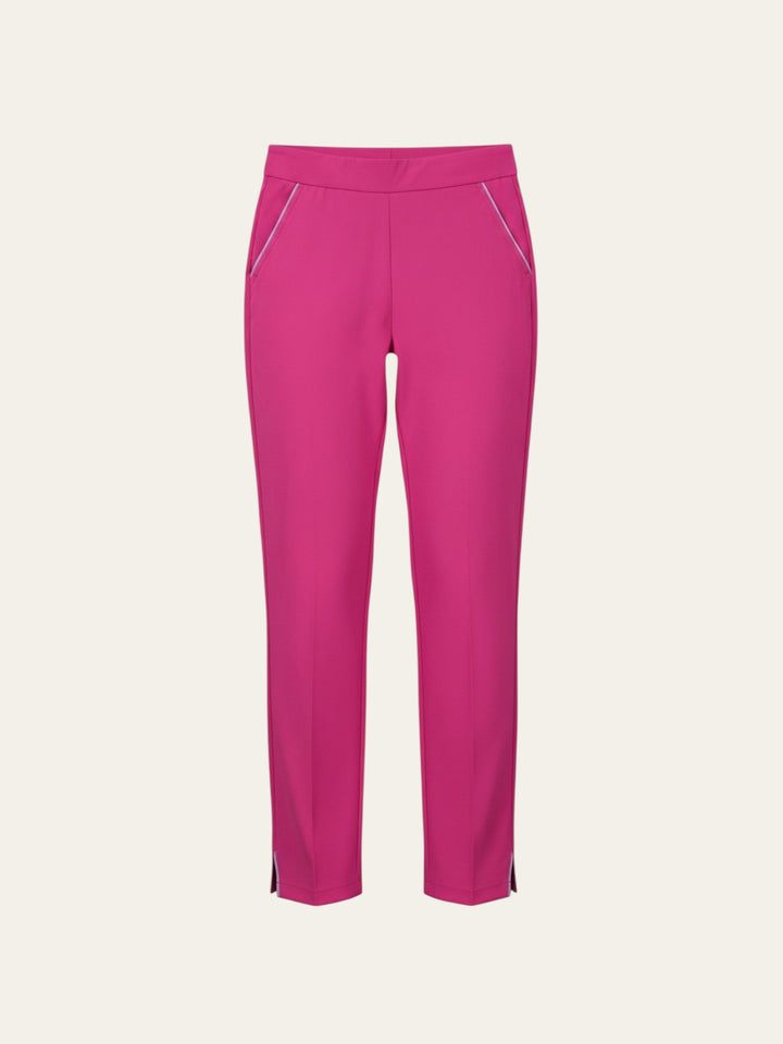 Elliott & Rose fuchsia performance golf pants with lilac piping and stretch fabric for comfort on the course