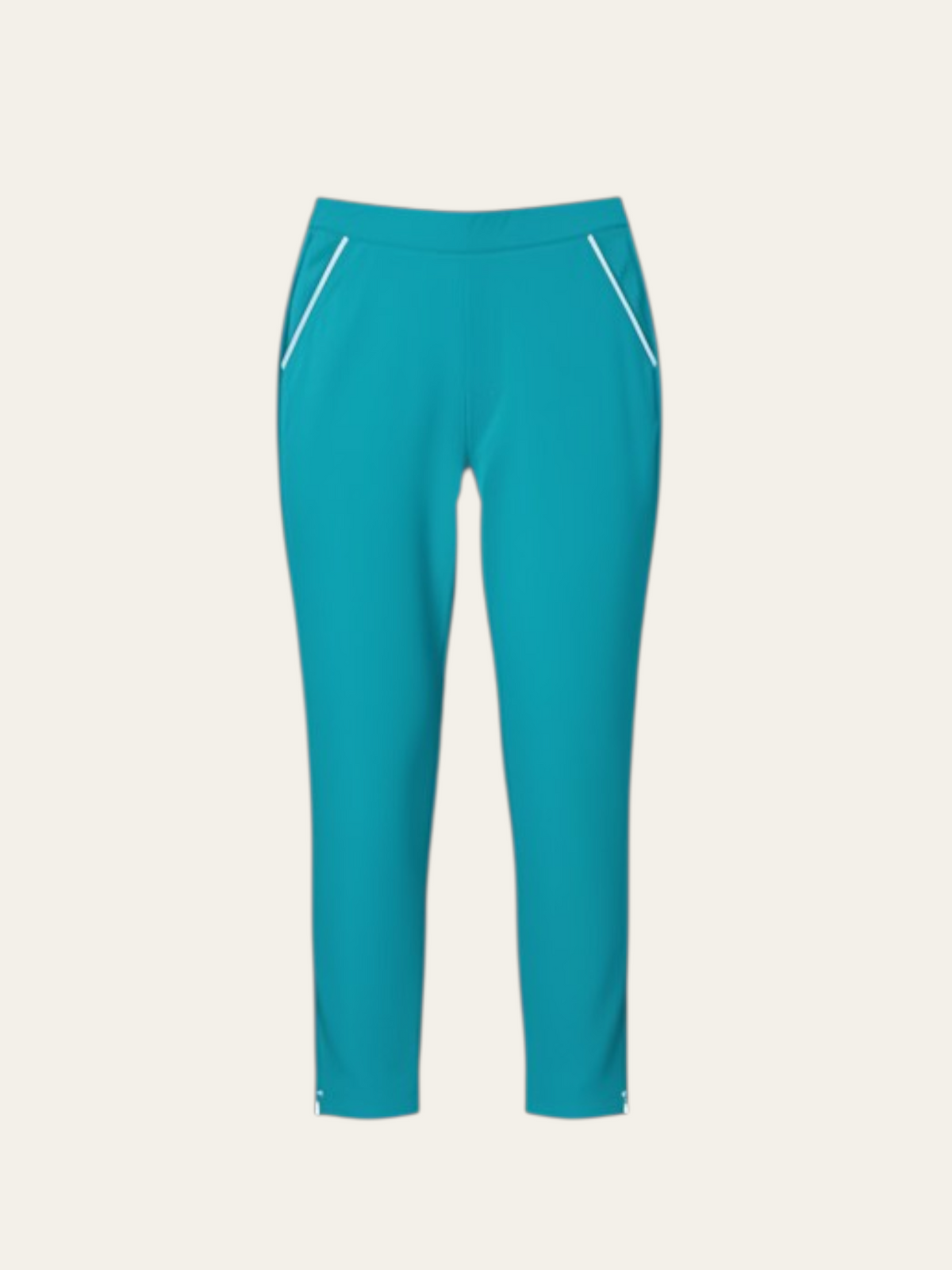 Elliott & Rose ocean blue performance golf pants with white piping detail and a tailored stretch fit.