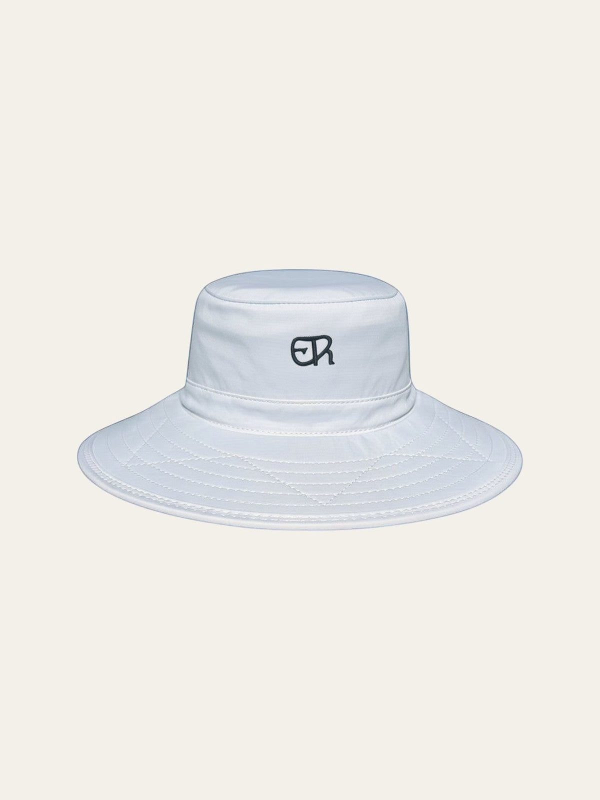Elliott & Rose white nylon bucket hat with green ER logo, UPF 50+, adjustable chinstrap.