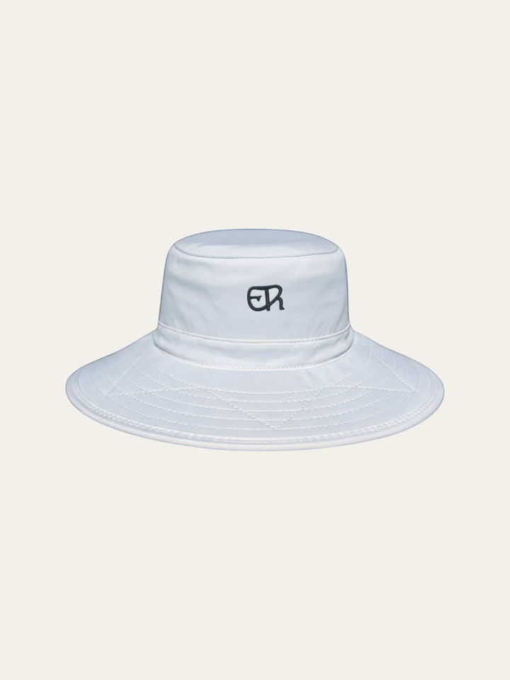Elliott & Rose white nylon bucket hat with green ER logo, UPF 50+, adjustable chinstrap.