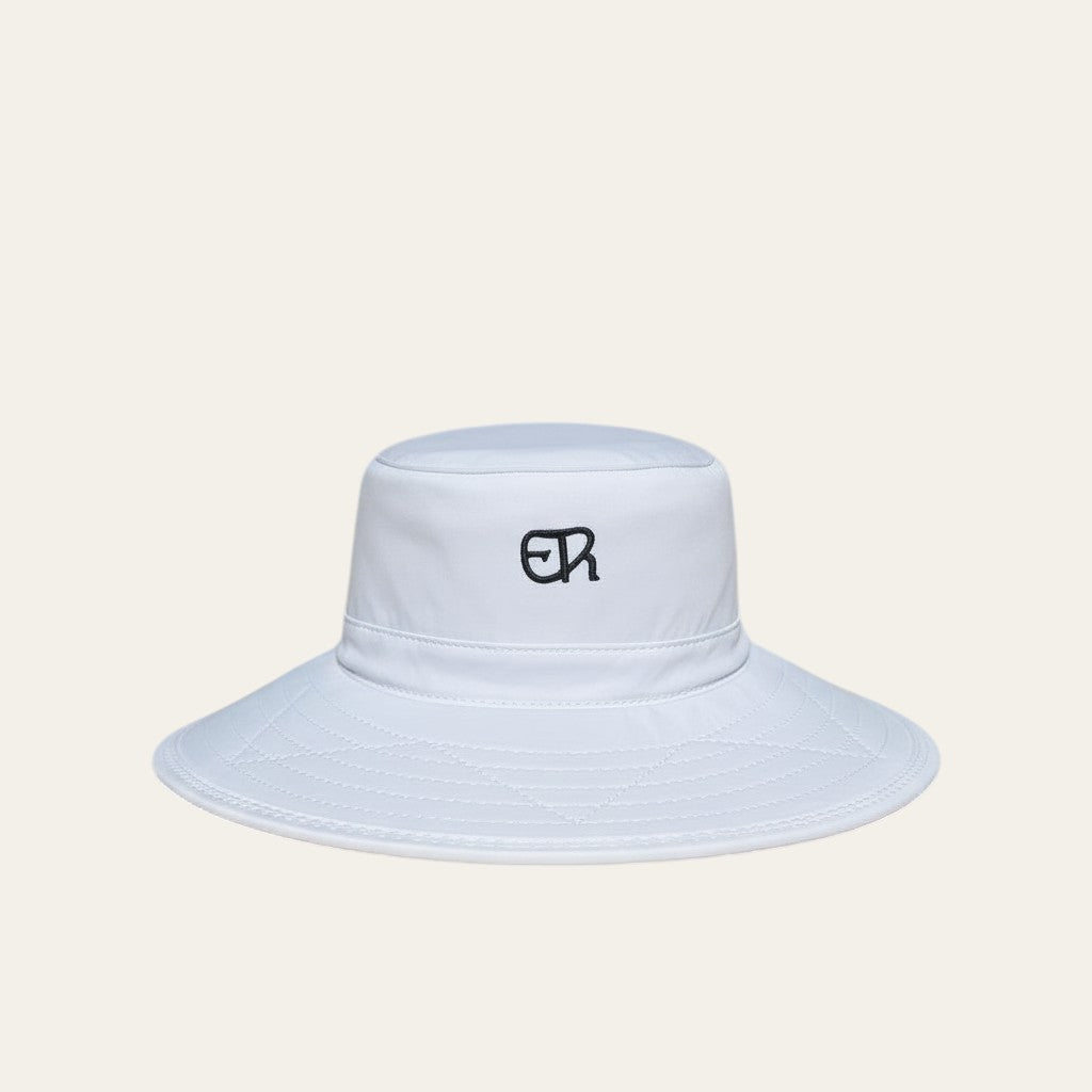 Elliott & Rose white nylon bucket hat with green ER logo, UPF 50+, adjustable chinstrap.