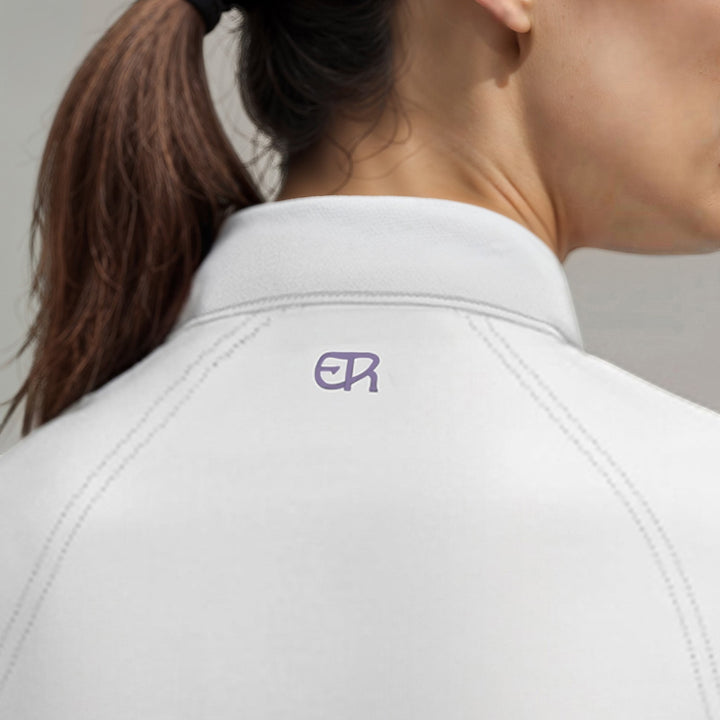 Elliott & Rose white performance quarter zip pullover with lilac logo accent and contrast stitching. Lightweight, breathable fabric.