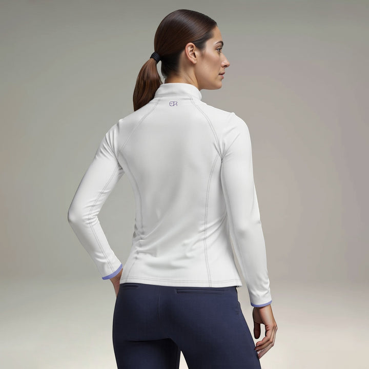 Elliott & Rose white performance quarter zip pullover with lilac trim and subtle stitching detail.