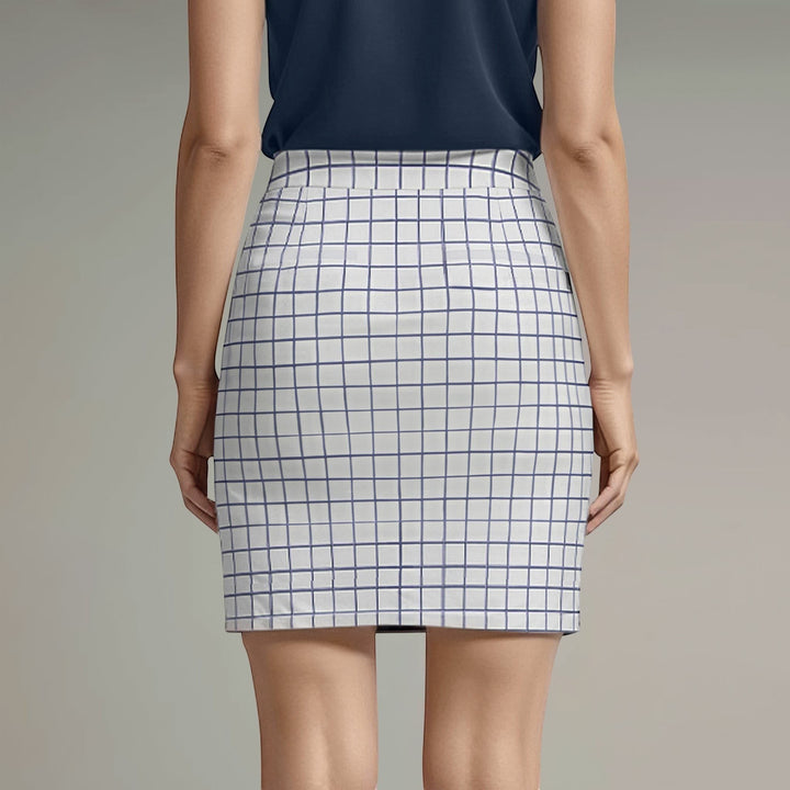 Elliott & Rose white windowpane golf skort with elasticized waist and 17" length.